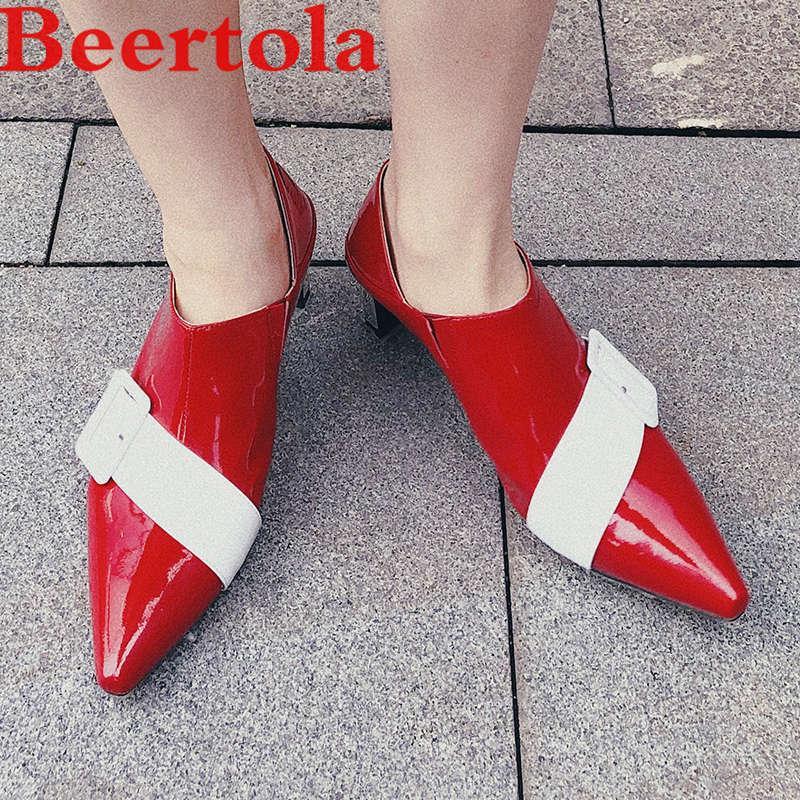 

Patent Leather Women's Pumps Shoes Oblique Band Buckle Decor Zapatillas Mujer Mixed Color Pointed Toe Ladies Shoes Casual1, As pics