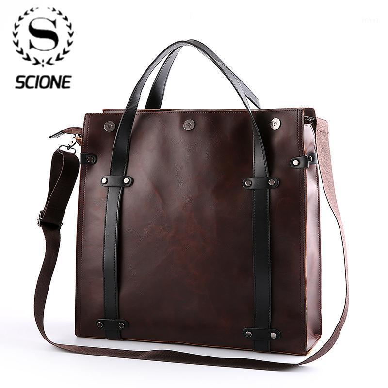 

Scione Men's Briefcase Crazy horse PU Leather Handbag Business office File bag Vintage Messenger Bags Casual work Tote1, Brown