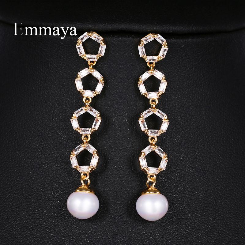 

Stud Emmaya Women Personality Zirconia With Four Geometry Shape Connecting Dainty Pearl Long Earring Fashionable Party Trendy