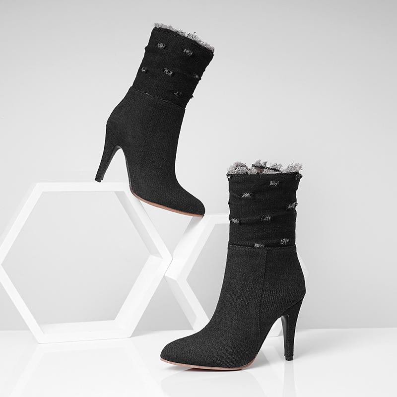 

Genuine Spring/Autumn New Pointed Toe Denim Boots Women Super High Thin Heels Broken Hole Zipper Girls Boots Rough Shoes Women, Black