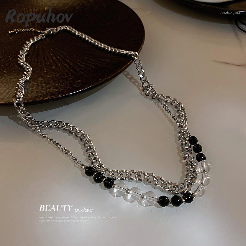 

Chains Ropuhov Titanium Steel Crystal Double Layer Necklace Stitched Collarbone Chain Hip Hop Neck, Silver