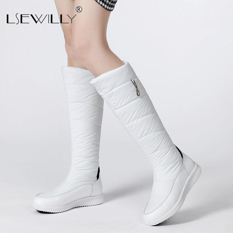 

Lsewilly 2021 Snow Boots Down PU Leather Round Toe Casual Slip on Women Shoes Winter Keep Warm Wedge Heel Knee High Boots, Black