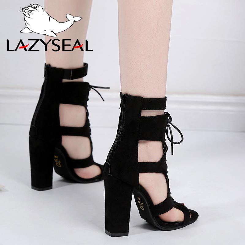 

LazySeal Gladiator Shoes Woman Sandals Women's Super 10cm High Square Heels Peep Toe Summer Shoes Cross-tied Sandals Boots, Black