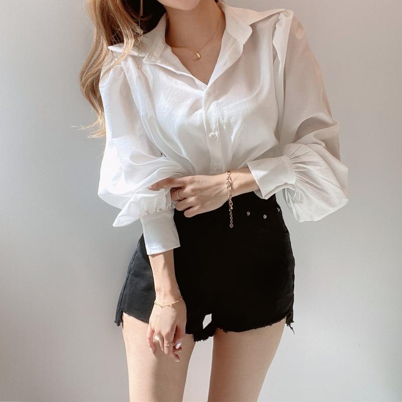 

Women's Blouses & Shirts 2022 Korean Loose Women Blouse Simple White Shirt Versatile Lapel Long Sleeve Elegant Tops Pink Blusas 12492