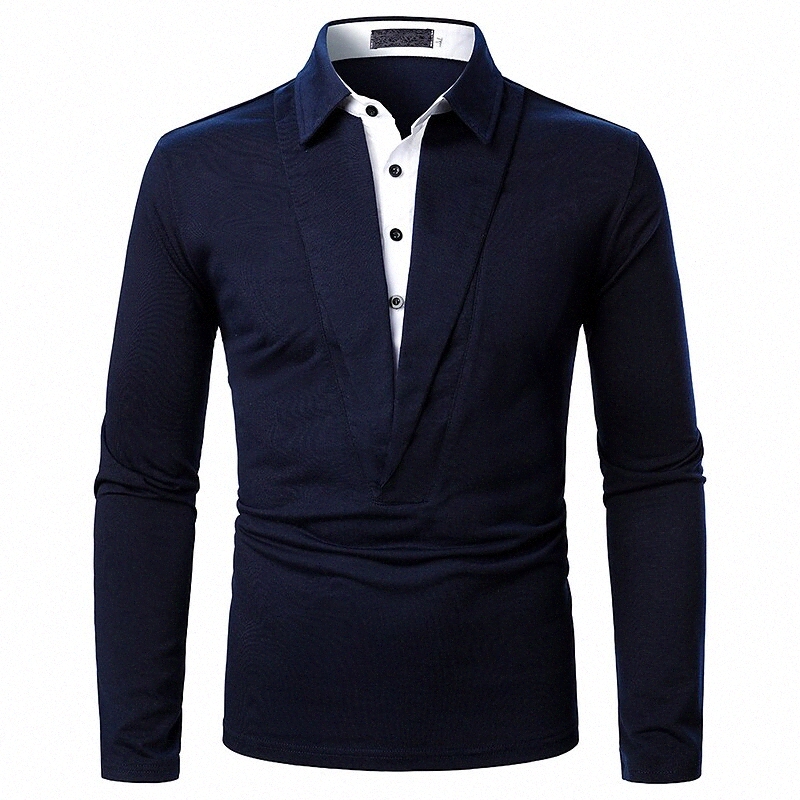 Men's Golf Shirt Solid Color Collar Street Daily Button-Down Long Sleeve Tops Business Simple Casual Comfortable Navy Blue / Fall / Winter p9Vt