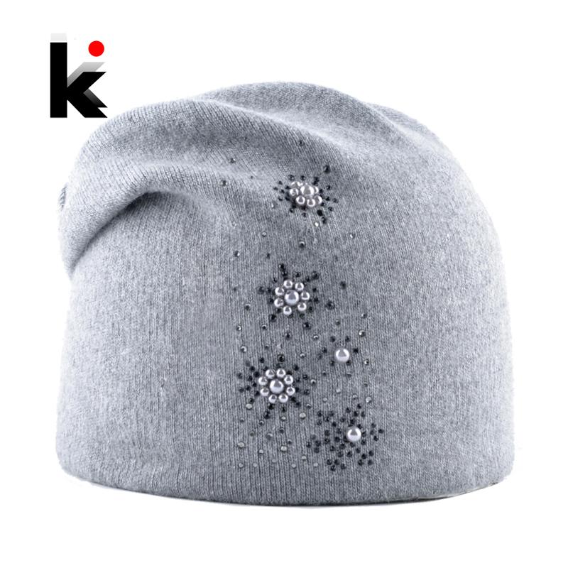 

New Hats For Women Autumn Winter Soft Knitted Wool Beanies Hat Ladies Fashion Knitting Rhinestone Pearls Bonnet Caps Female, Gray