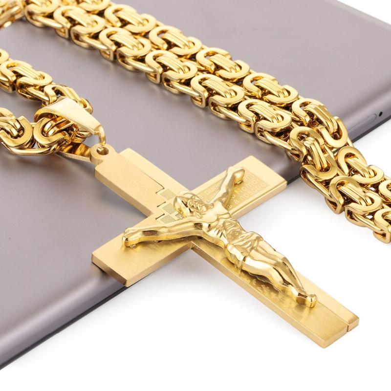 

Crucifix Jesus Pendant Necklace Gold Color Stainless Steel Christs Bible Cross Men Jewelry Byzantine Chain Gift for Father NZ016