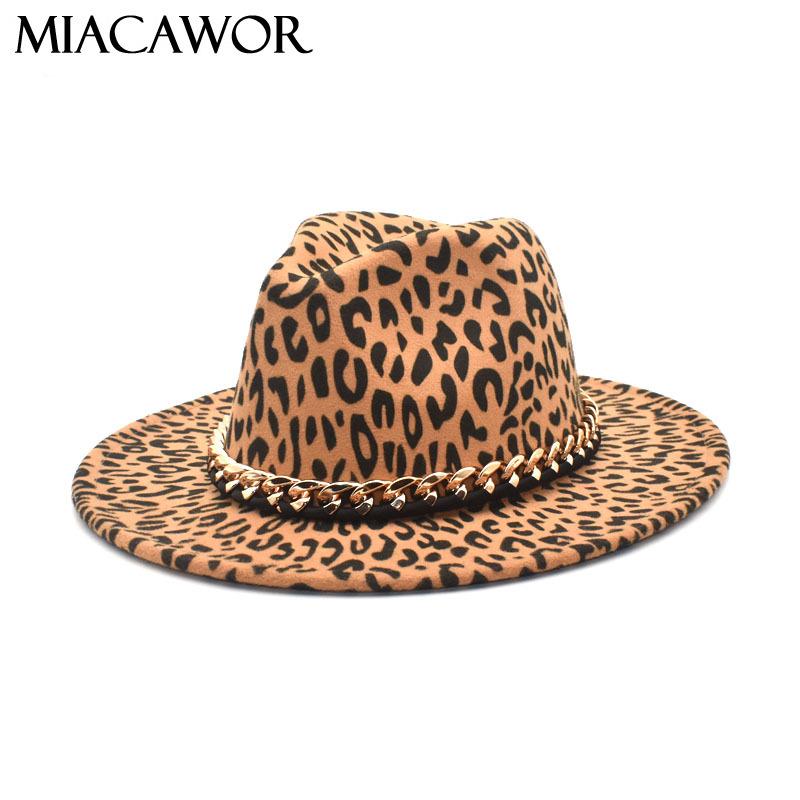 

MIACAWOR New Leopard Print Wool Fedoras Hats Women Chain Wide Brim Jazz Caps Vintage Panama Cowboy Hat Men Dropshipping F112, Army green