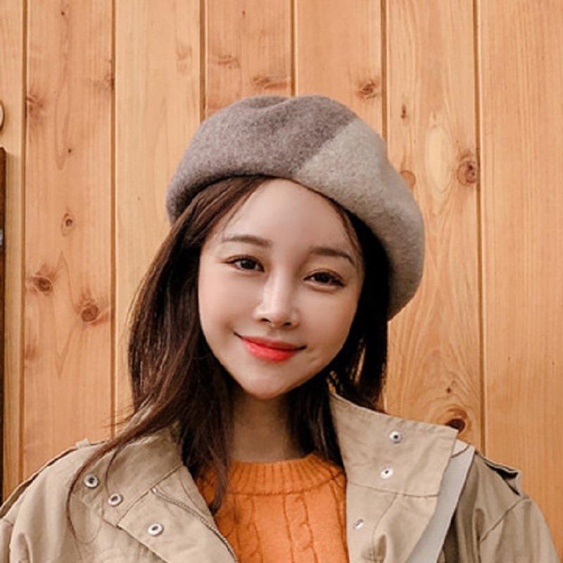 

Winter Women Beret Fashion 2 Colors Patchwork Wool And Cotton Female Bonnet Caps Warm Thicken Hot Sell Walking Hat All Matched, Pink beige