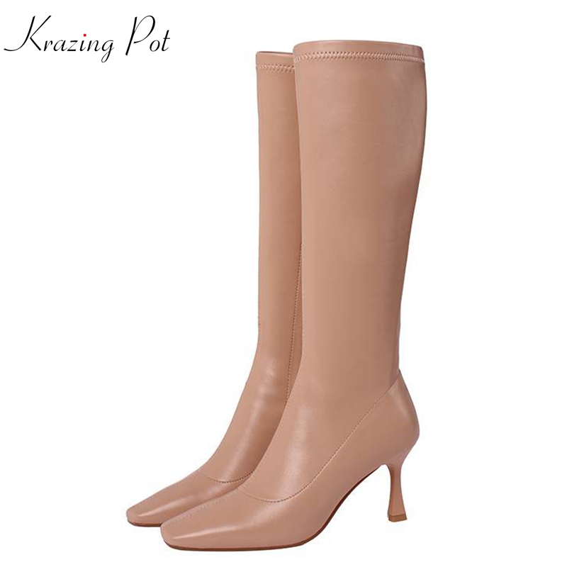 

Krazing Pot square toe stretch fabric zipper stiletto high heels winter shoes riding mature lady keep warm knee-high boots L22, Beige