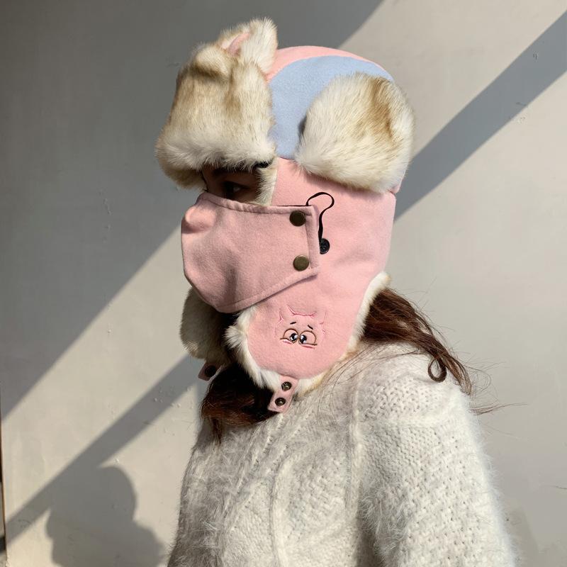 

The new female autumn and winter outdoor Lei Feng hat Korean version of the cartoon ear hat warm cap tide cat ear ski cap, Sky blue