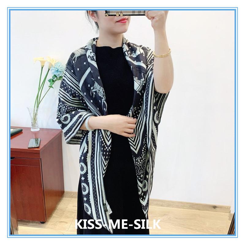 

KMS Ten Horses Large Square Scarf Silk and Cashmere Scarf Shawl Soft Comfortable Warm for Women 135*135CM/175G
