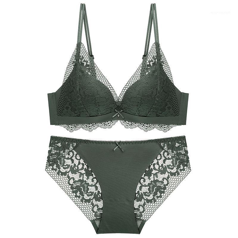 

Wire Free Green Beige Lace Mesh Bra Suit for Women , Women's Thick Bras Lingerie Underwear Set , A B 3/4 Cup Push Up Brassiere1