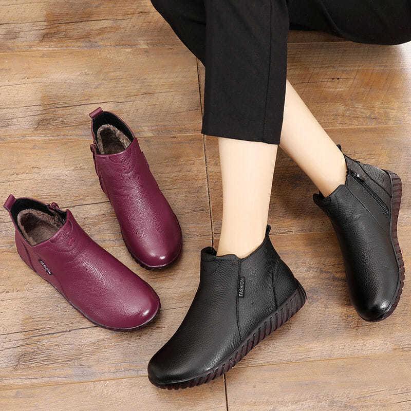 

Plus size 41 women's casual fur shoes 2020 female top quality genuine leather boots mom non-slip winter plush shoes, Wine red