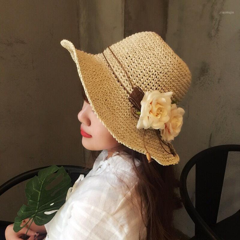 

Summer Flower Versatile Handmade Beach Hat Folding Sun Hat Topee Parent and Child CHILDREN'S Straw1, Adult kaki