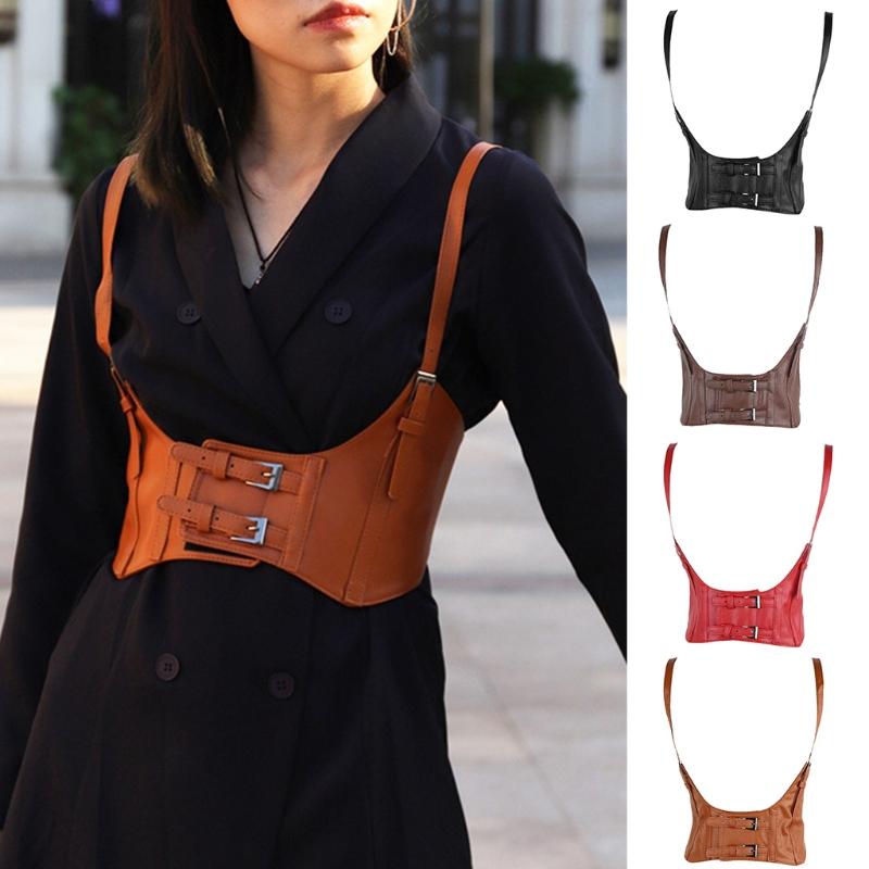 

Belts Vintage Faux Leather Underbust Corset Crop Top Women Solid Color Adjustable Vest Waist Belt Double Buckle Waistband Bodice, Black;brown