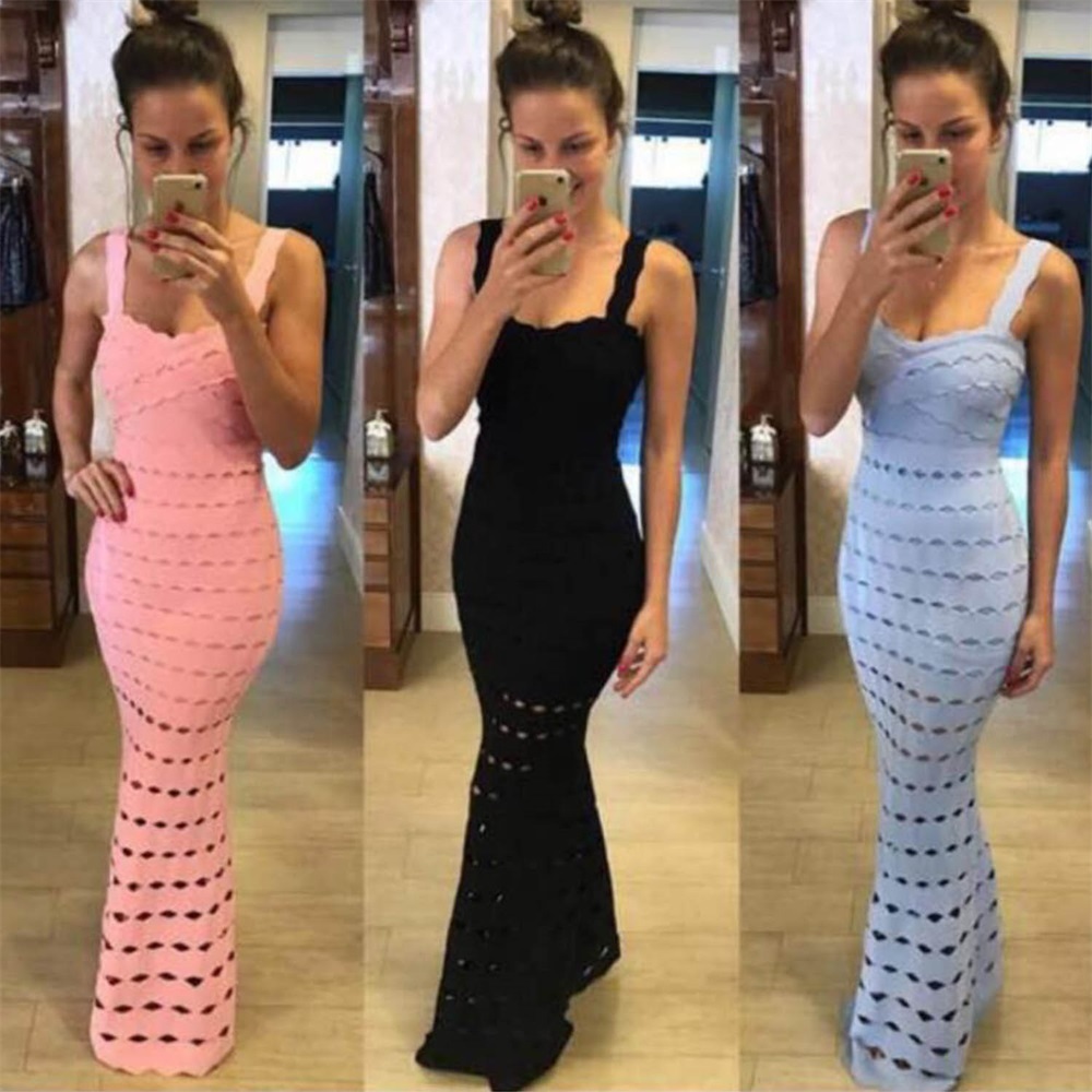 

2020 Women, Long-dressed Jacquard Bandage, Party Black Birthday Rayon Dress, Sleeveless, Shredded Ppnv, Pink