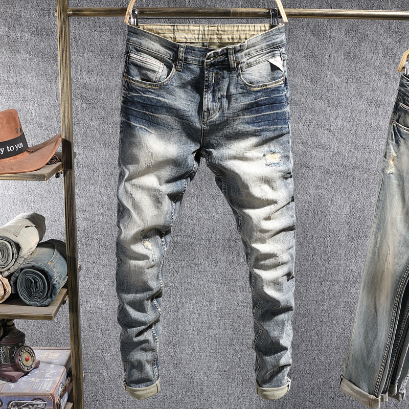 

2021 New Italian Style Fashion Men Jeans High Quality Elastic Slim Fit Ripped Denim Pants Retro Wash Patchwork Vintage Designer Trousers Xmq, Retro blue