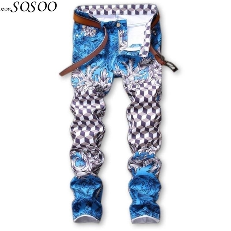 

slim jeans pants for men cotton skinny printed jeans men nightclubs singers European and American style fashion #586 201111, Blue