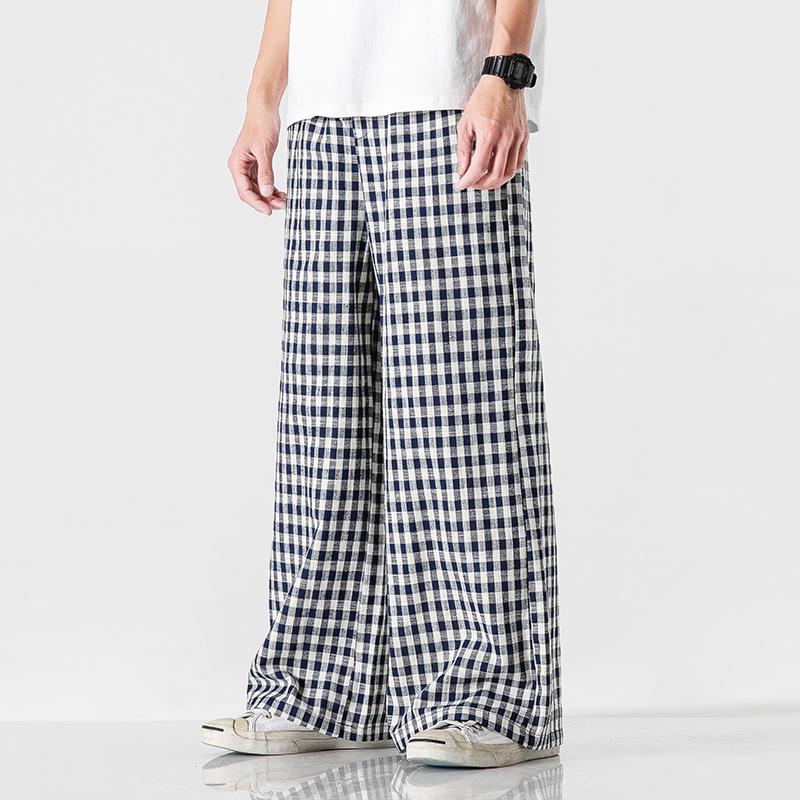 

5XL Plus Size Elastic Waist Wide Leg Pants Japanese Style Hip Hop Streetwear Plaid Trousers Loose Fit Men Fashion Clothes 4XL, Blue plaid trousers