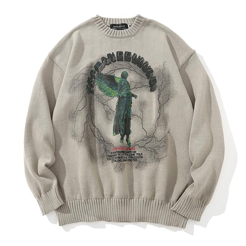 

New Autumn Winter Oversized Jumpers Knitted Sweater Men And Women Angel Pattern Fashion Long Sleeve Loose Pullovers Male Female, Black