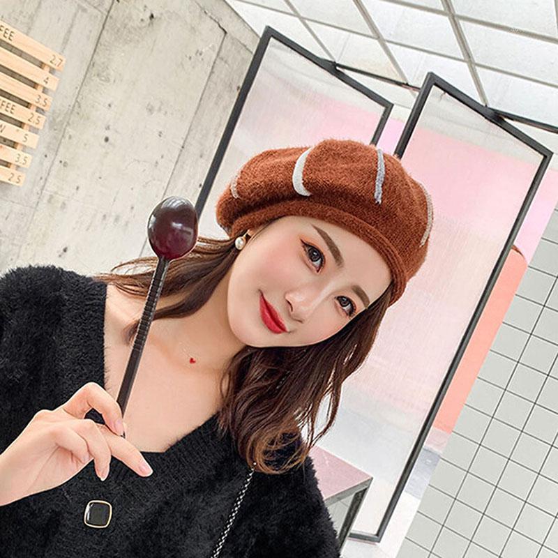 

Fashion Autumn Winter Women Stripe Berets Warm Plush Woolen Blended Winter Beanie Hats French Artist Painter Hat Female Cap Gift1, Beige