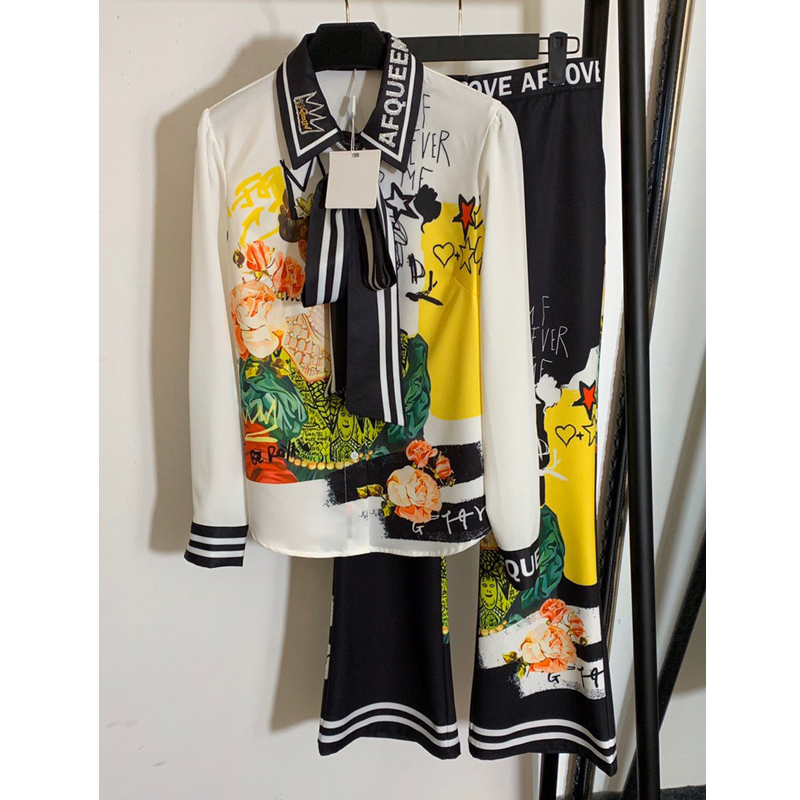 

High Quality New Bow Town-down Collar contrast color Beading Print long sleeve shirt tops + High waist Flare pants Suit 201007, As picture