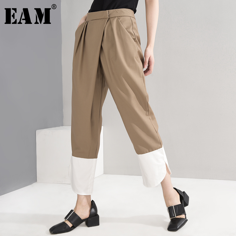 

[EAM] High Elastic Waist Khaki Pleated Contrast Color Trousers New Loose Fit Pants Women Fashion Tide Spring Summer 1W16704 201109