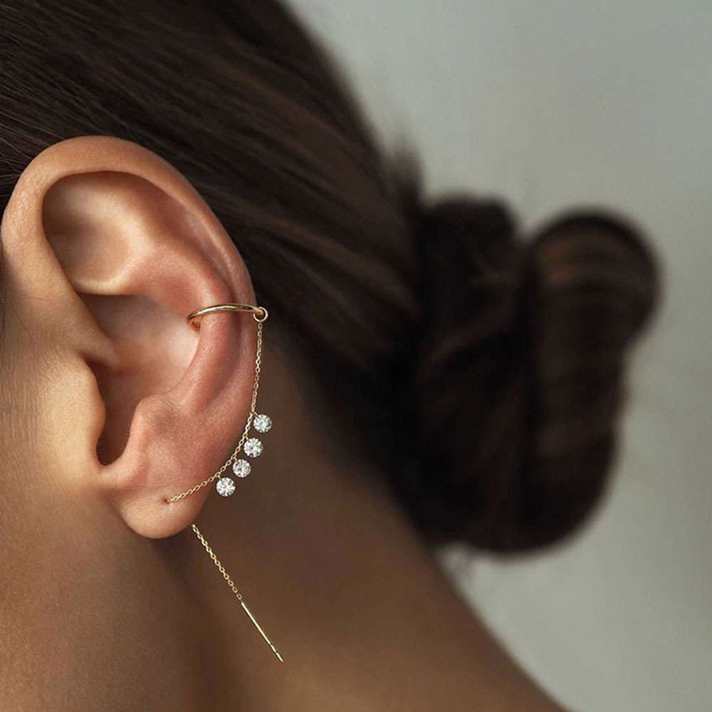 

Minimalist Gold Color Long Chain Tassel Earcuff One Pieces Crystal Fake Earrings Jewelry for Women Earcuff Piercing Accessories, Golden