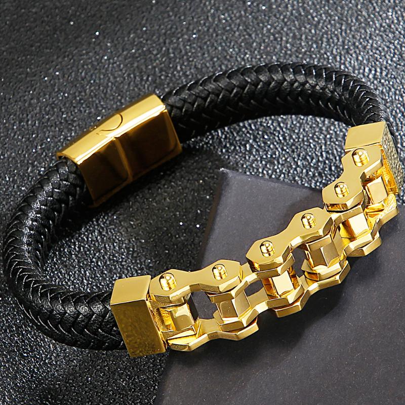 

Tennis Steel Men's Biker Motorcycle Bike Chain Bracelet Men Braided Leather Cuff Wrap Wristband Bangle With Magnetic Clasp Drop