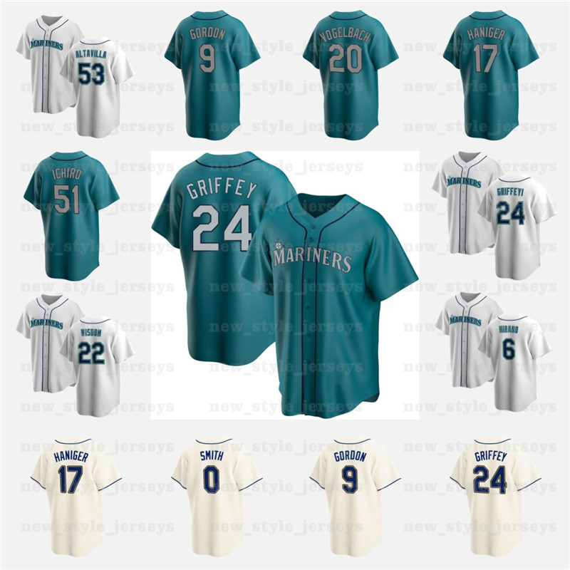 

2021 new 24 Ken Griffey Jr Jersey Mariners 22 Robinson Cano 51 Ichiro Suzuki Edgar Martinez Mitch Haniger Dee Gordon Custom Baseball Jerseys, Blue;black
