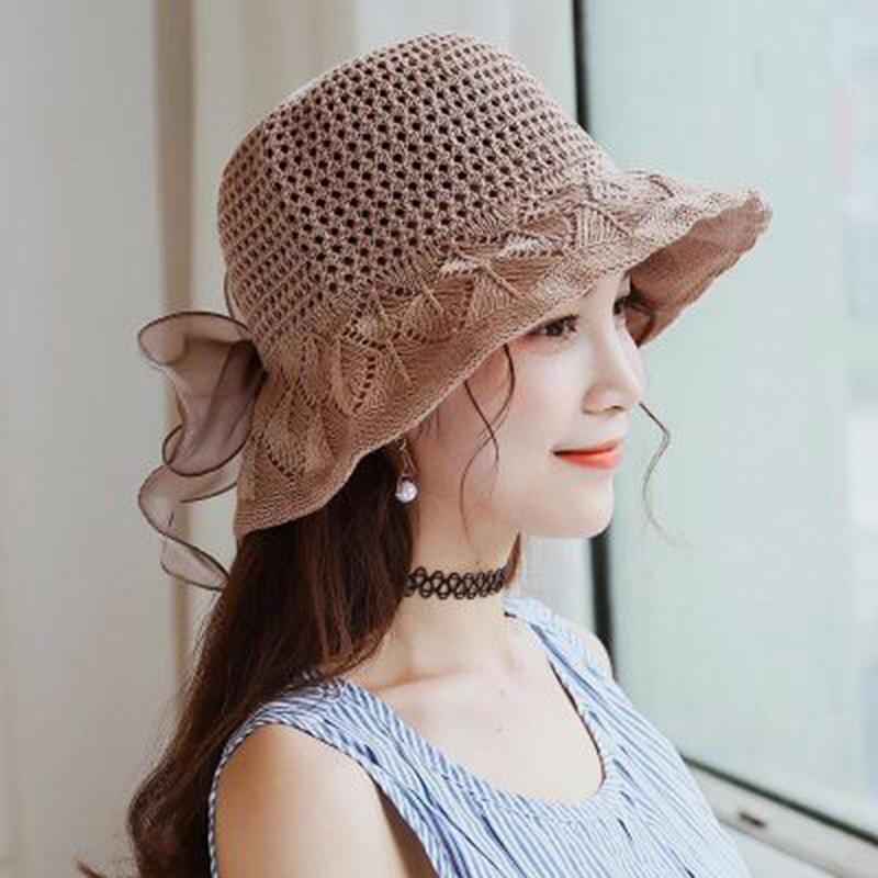 

Hot Summer Hoilday Floppy Hat Women Ladies Wide Brim Beach Foldable Bow Flower Knit Sun Hat Sun Cap  Wide, Coffe