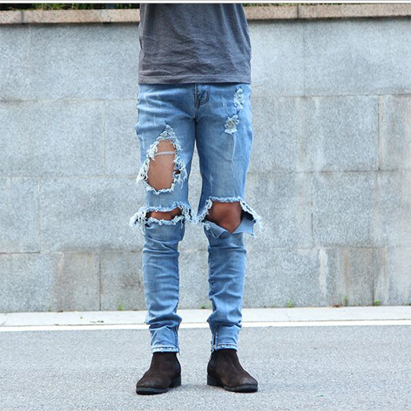 

2021 Men's Brim Pants Ripped Up Destroyed Man's Denim with Zipper Around His Aching Ankle Hip Hop Biker Jeans 5jta, Black big hole