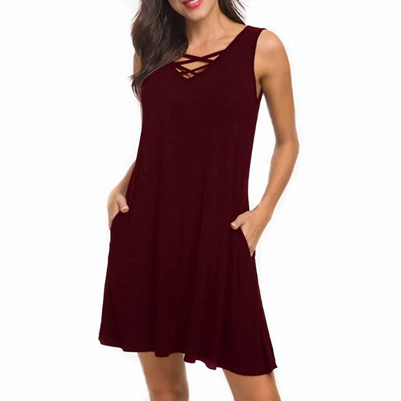 

Women's Fashion Summer Sleeveless V-Neck Belt T-Shirt Dress Red  Size