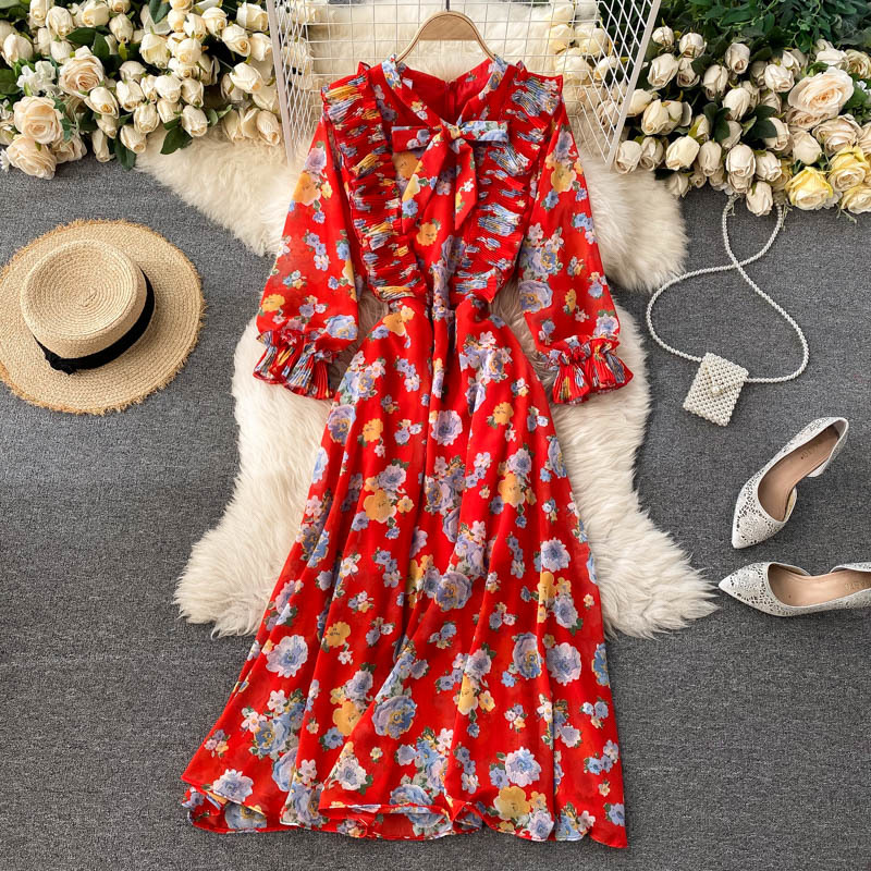 

2021 New singer chiffon floral feminine neck puff ruffle line chic autumn boho impression long dress holiday GLXV, Black