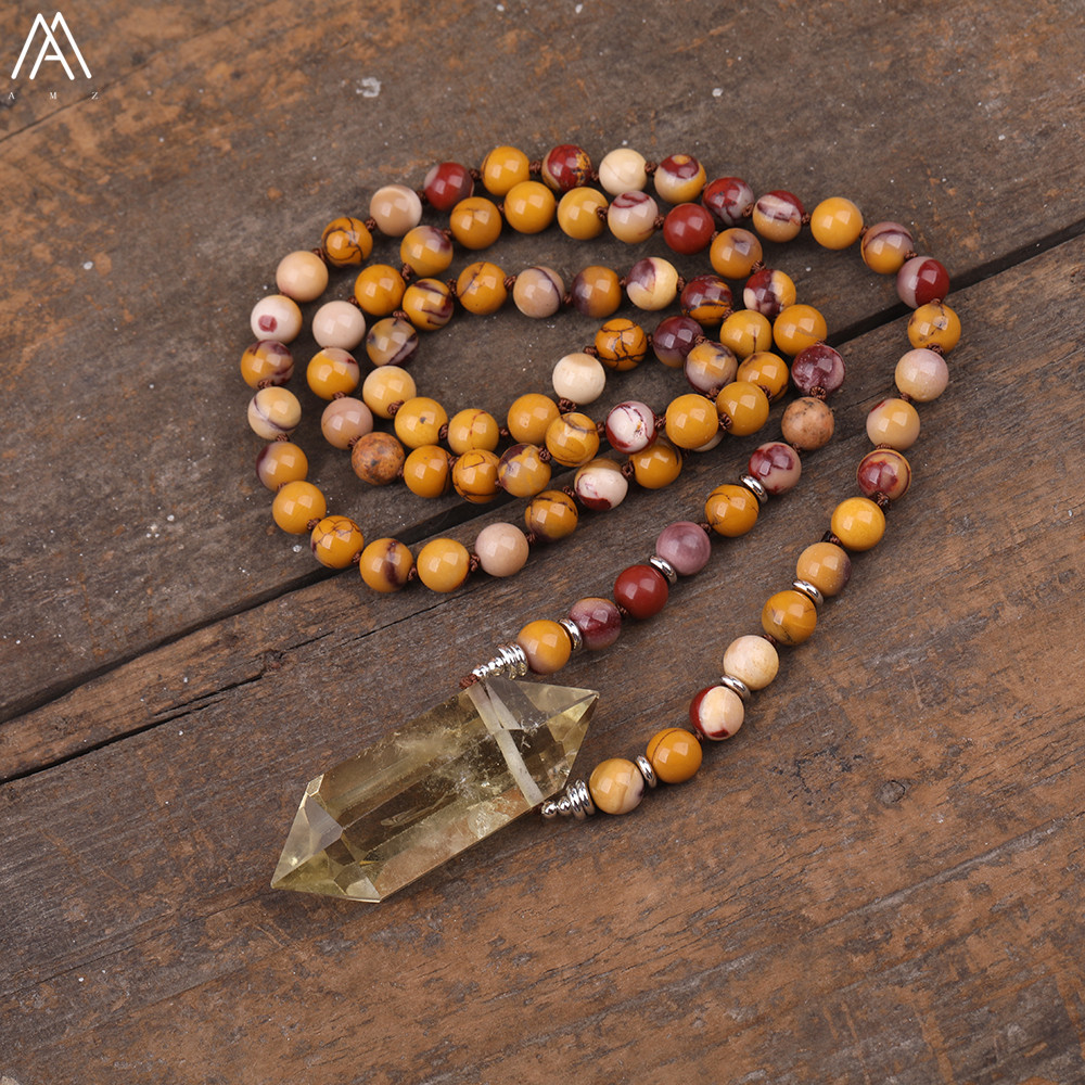 

Natural Smoky Yellow Color Quartz Double Point Pendant Yellow Egg Jaspers 108 Mala Beads Cord Knotted Handmade Necklace N0242AM Y0124