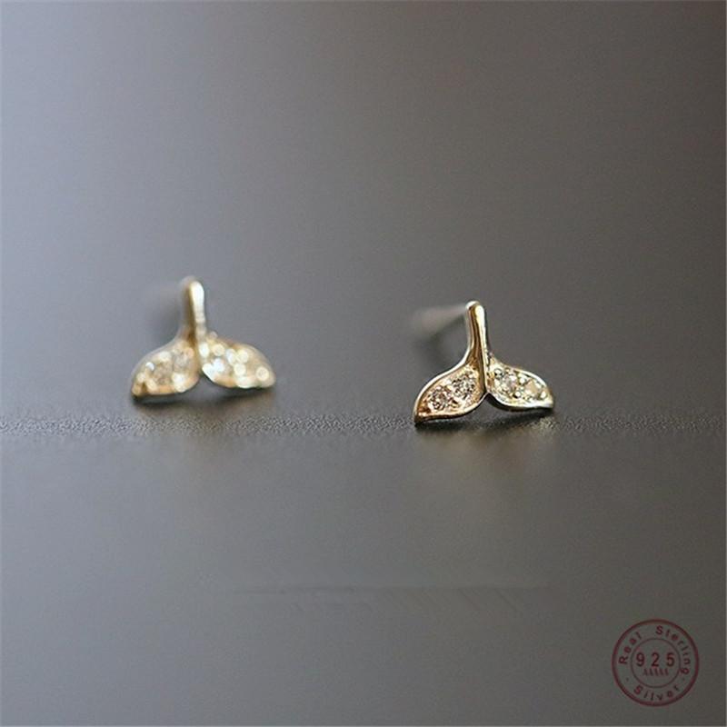 

925 Sterling Silver French Simple Whale Tail Stud earrings Women 14k Gold Pavé Crystal Sweet Romantic Birthday Jewelry Gift