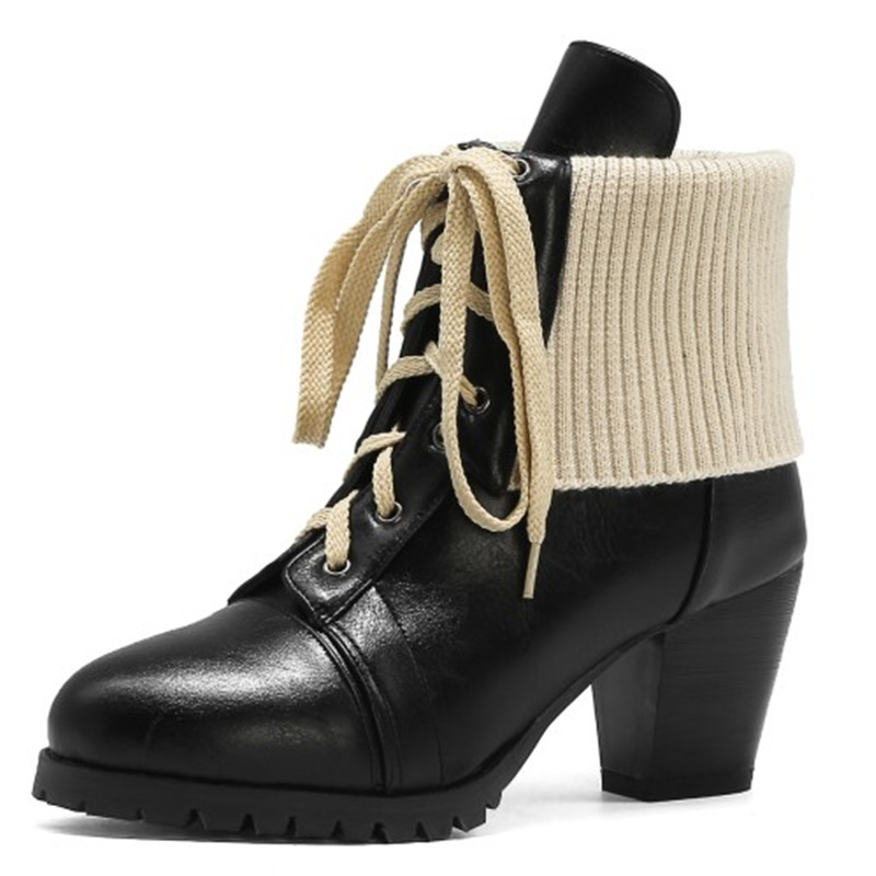 

2021 New Pu Leather Ankle Lace Up Round Toe Women Shoes Square High Heel Autumn Winter Short Boots Big Size 34-43 D2r6, Black