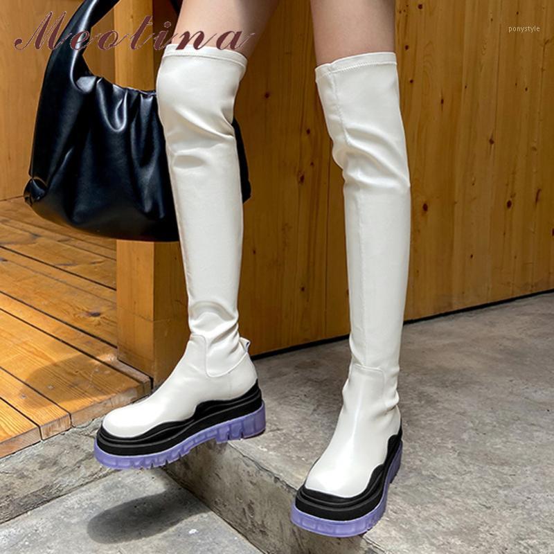 

Meotina Over The Knee Boots Women Shoes Platform Flat Long Boots Lady Slip-On Fashion Stretch Female Autumn Beige Black1, Black