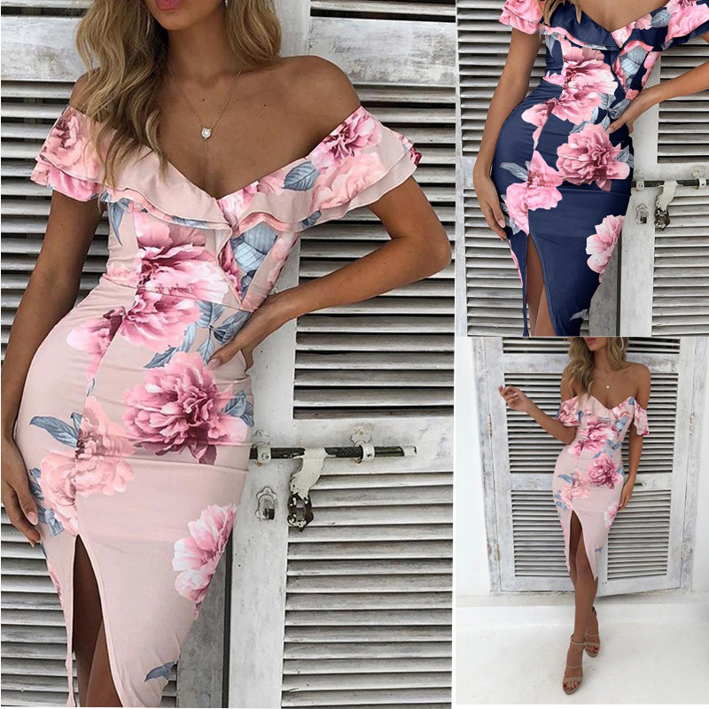 

2021 New Summer Floral Off Shoulder High Waist Beach Print Maxi Es Women Sexy Ny Slim Party Long Txnb, Blue