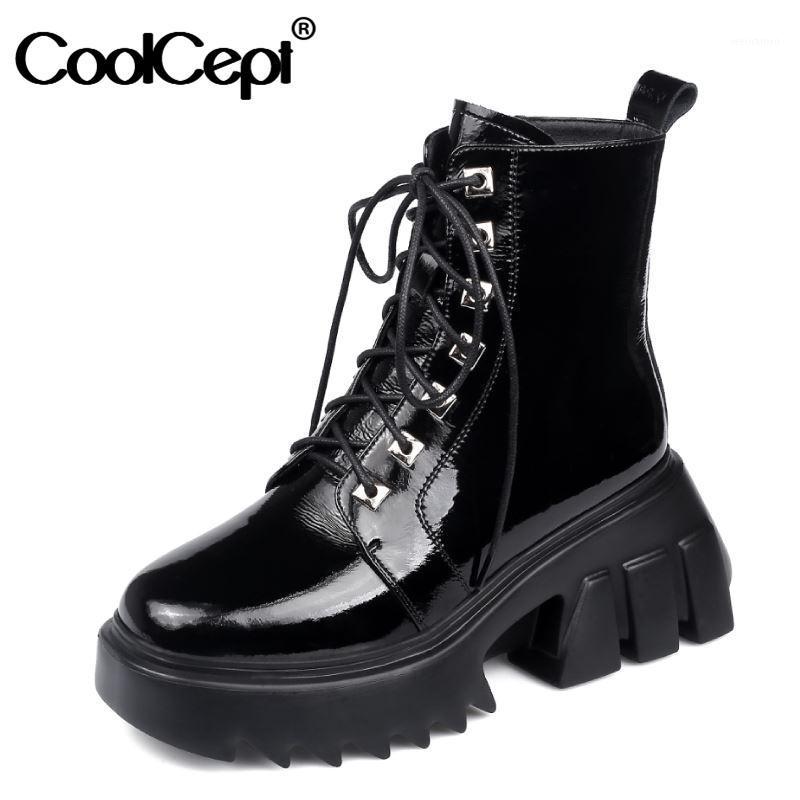 

Coolcept Real Leather Women Ankle Boots Strange Heel Round Toe Cross Strap Shoes Winter Warm Boots Women Fahion Party Footwear1, Black 1