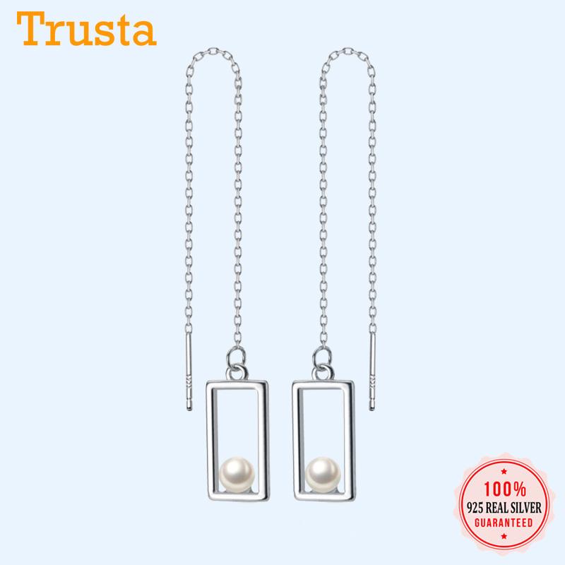 

Dangle & Chandelier Trusta Genuine 925 Sterling Silver Hollow Square Synthesis Pearl Long Ear Line Earrings For Women Girls Lady Jewelry Gif