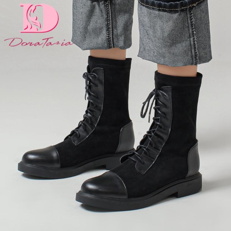 

DoraTasia Big Size 31-43 Female Chunky Heels Ankle Boots Fashion Shoelace Boots Women 2021 Office Street Casual Shoes Woman, Black flock