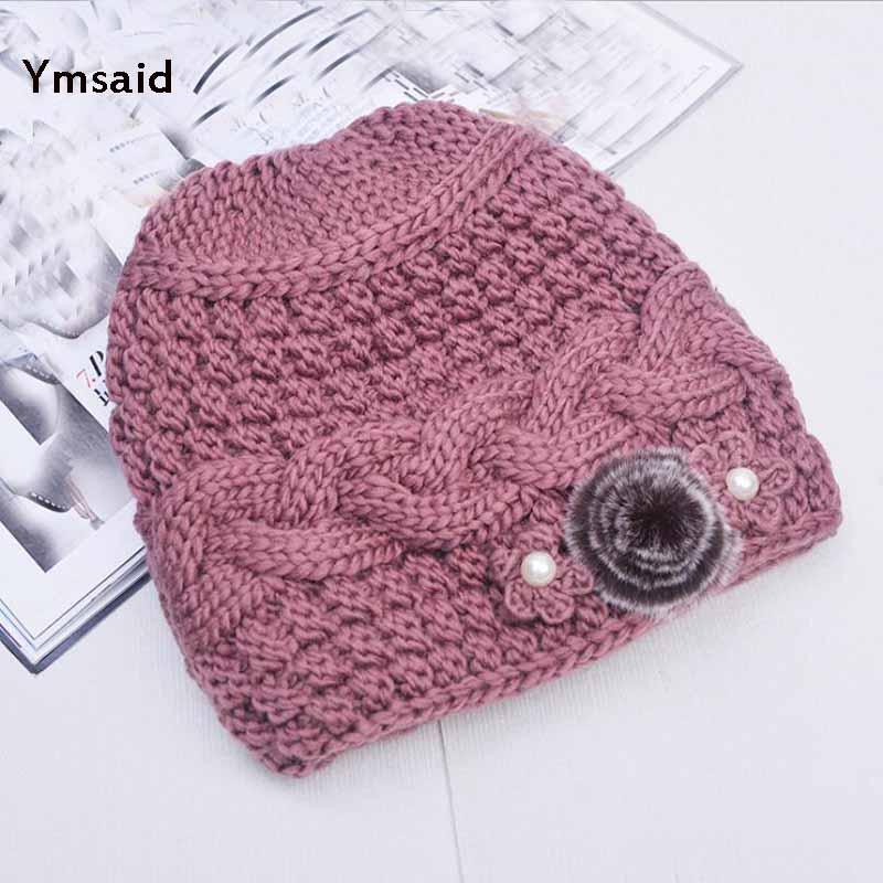 

Ymsaid 2020 Winter New Classic Fur Flower Thick Brim Hat Ladies Knitted Hats Fall Female Hat knit Caps Beanie
