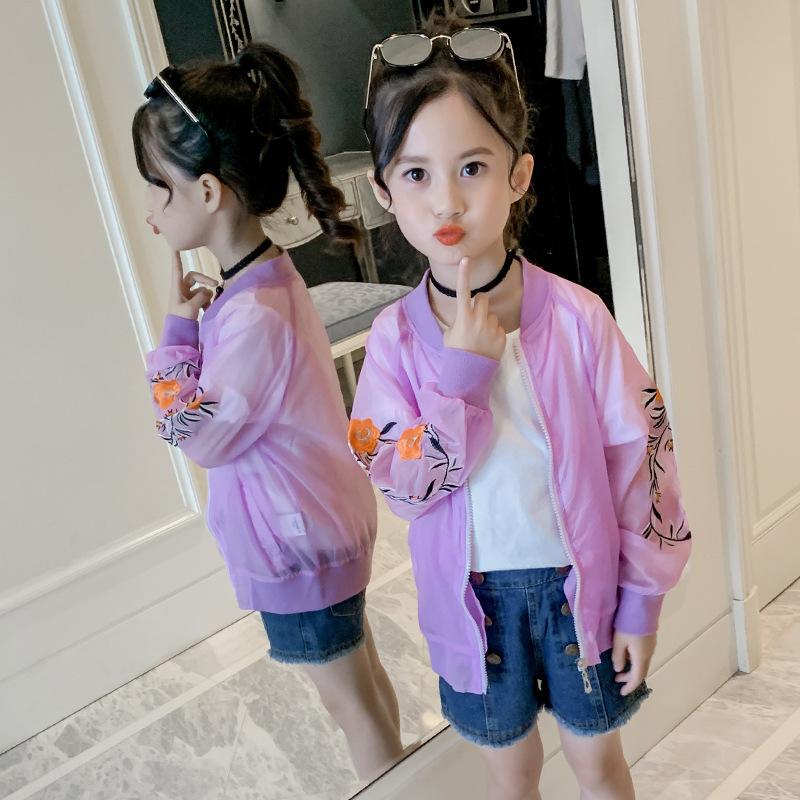 

Summer Casual Girls Sunproof Jackets Flower Embroidery Kids Light Coats Long Sleeve Baseball Collar Kids Outerwear Clothing, White