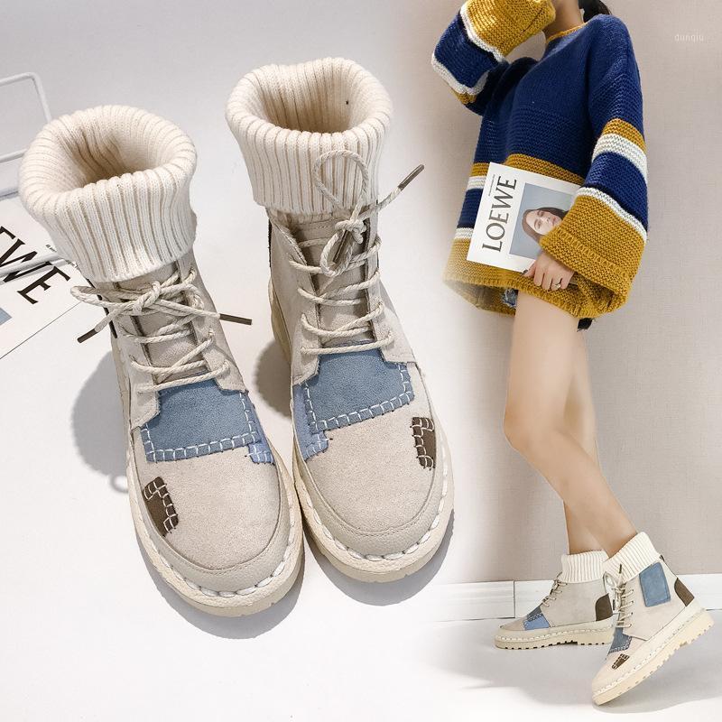 

boots autumn and winter high top retro fashion knit mid-tube boots sweet student wild personality trend hot sale1, Beige