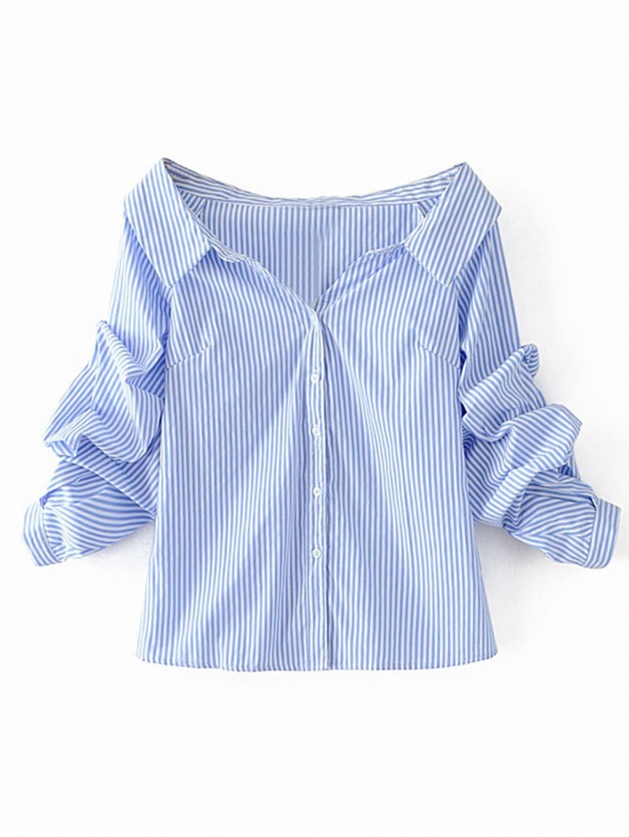 

Off-the-Shoulder Striped Buttoned Shirt b3cr#, Baby blue