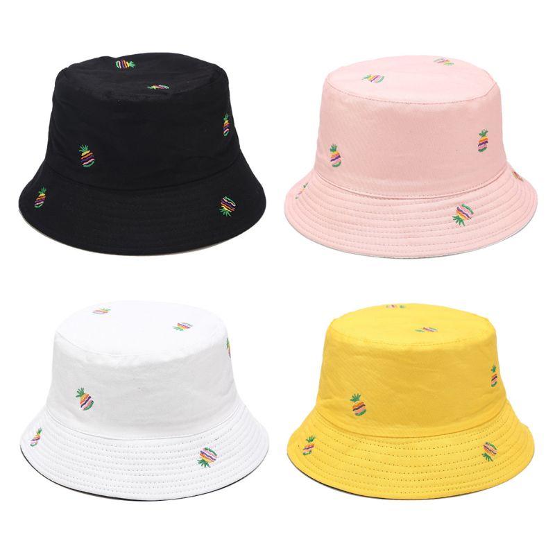 

Women Tropical Bucket Hat Rainbow Pineapple Embroidery Reversible Fisherman Cap 2XPD, White