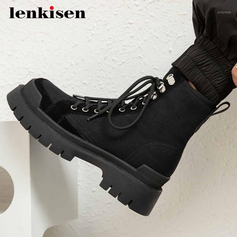 

Lenkisen motorcycle boots high quality neutral platform round toe thick med heel lace up pretty girls daily wear ankle boots L711, Beige