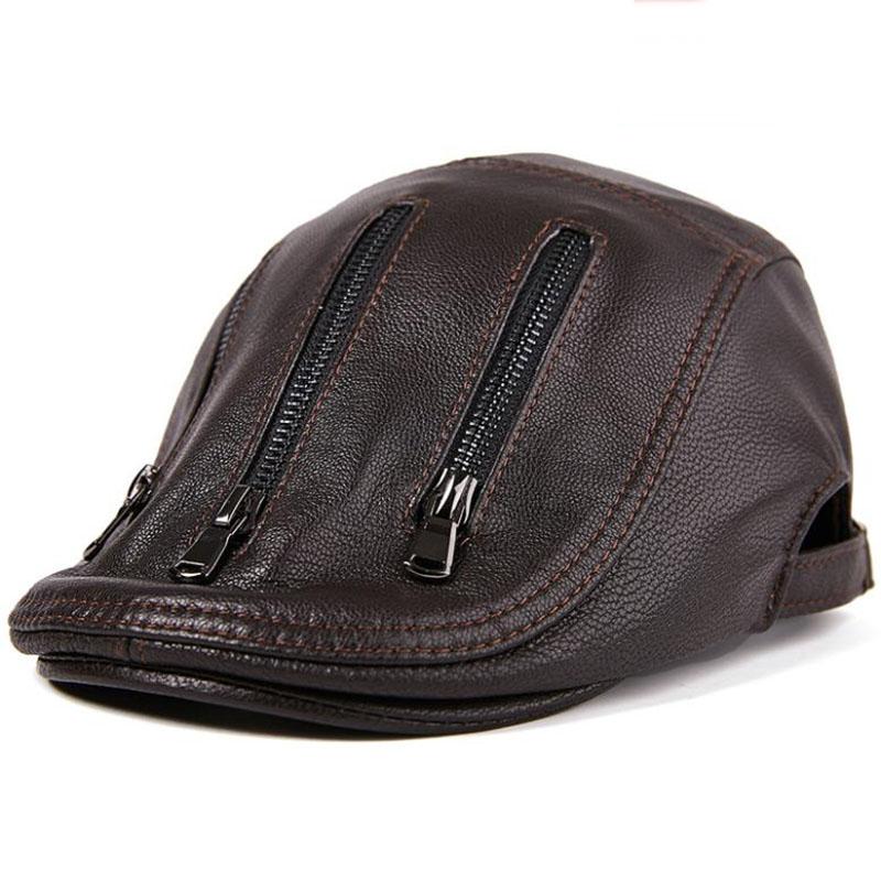 

T-MAC Unisex Genuine Leather Hat Sheepskin Warm Beret Autumn Winter Flat Caps For Men And Women Simple Brands Leather Cap, As shown